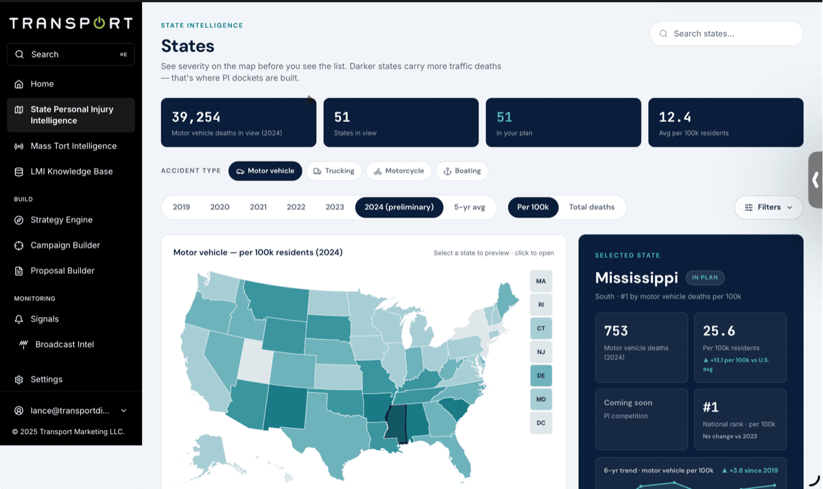 State Personal Injury Intelligence under a client brand: all 50 states plus DC on a severity choropleth